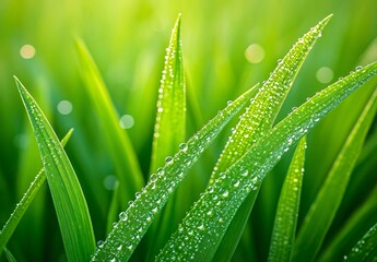 Naklejka premium Dew Drops on Grass Blades Macro Photography