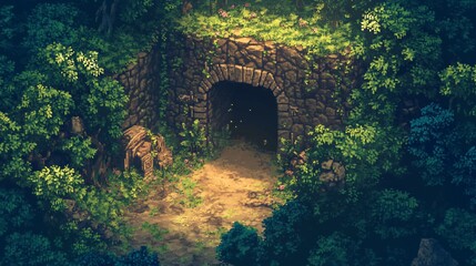 A stone archway entrance to a dark tunnel in a lush green forest.