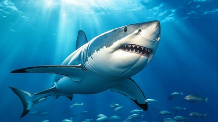 A shark is swimming in the ocean with its mouth open