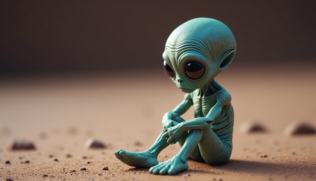 A tiny alien sitting by itself, looking down at its hands in quiet sorrow, Generative AI