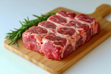 Obraz premium Raw red meat on a wooden board. Fresh meat from grass-fed and free-range animals