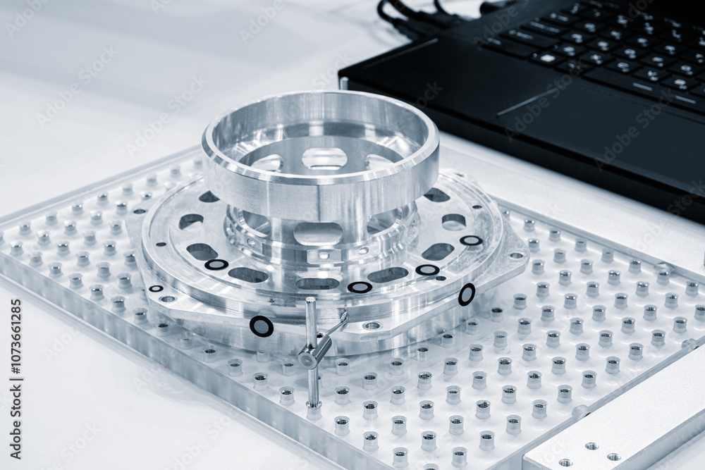 Aufkleber Shiny metal part with multiple holes fixed on table of CNC metalworking machine, industrial metalworking concept background