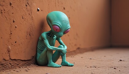 A mournful alien slumped against a clay wall, eyes closed, Generative AI