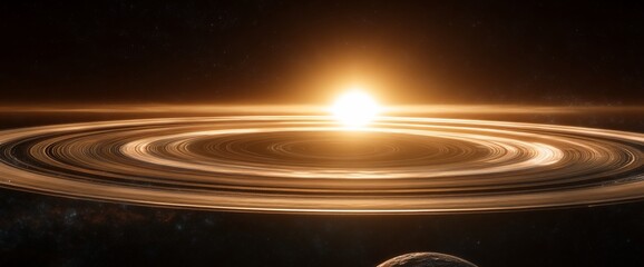 Obraz premium A majestic view of a planet's ring system, with a bright sun shining at its center. The rings are intricate and detailed, with a beautiful golden hue.