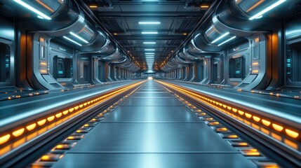 Fototapeta premium Futuristic corridor with glowing lights and sleek metallic surfaces.
