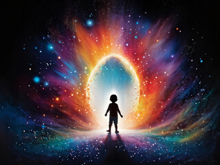 Fototapeta premium Whimsical Silhouette of a Child Emerging Through a Colorful, Ethereal Portal