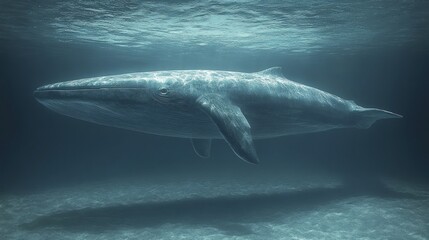 Fototapeta premium A large whale swims through the deep blue ocean water, with the sunlight filtering through the surface above.
