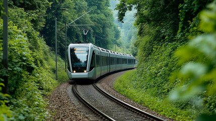 Fototapeta premium Train Traveling Alongside a Forested Path in Scenic Countryside
