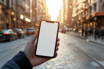 A smartphone with a blank screen in someone's hand, blurred city street in the background, morning light, minimalistic composition, mockup with blank space.