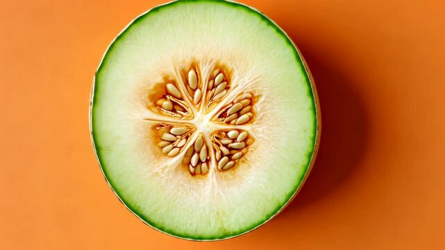 A close-up shot of a cantaloupe slice, revealing its juicy flesh and seeds against a vibrant orange background