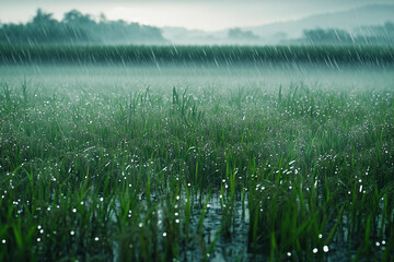 A grassy field with heavy rain falling, creating a misty atmosphere.