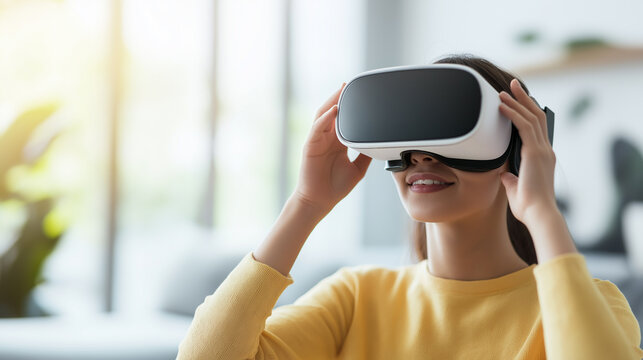 Person Adjusting the VR Glasses on Their Face, capturing the moment of immersion with a soft blurred background