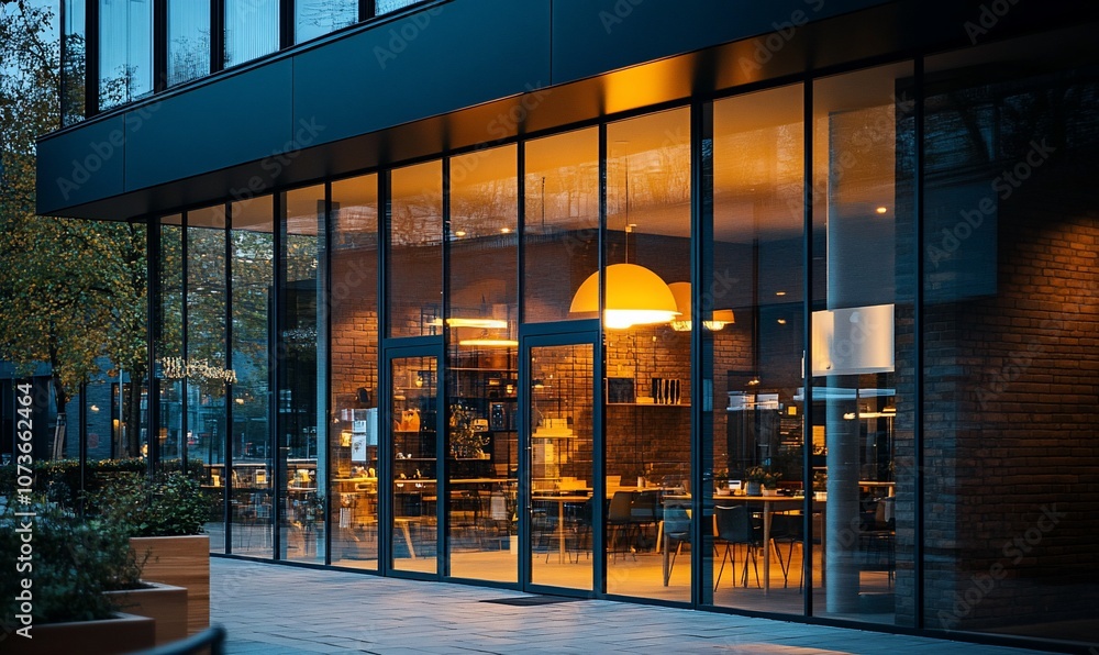 Poster a modern cafe with large glass windows and warm lighting. the cafe is empty, with tables and chairs 