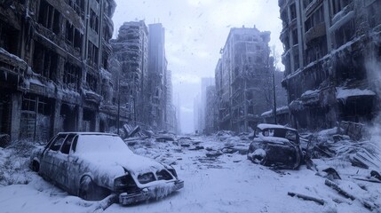 Snowy city street with cars covered in snow. Nuclear winter concept