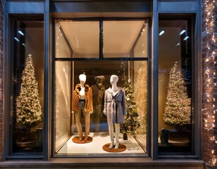 Festive Holiday Window Display with Mannequins in Winter Attire Amid Christmas Decorations