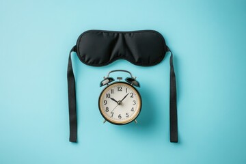Black sleep mask and alarm clock on light blue background