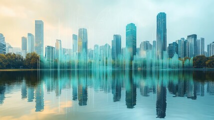 Fototapeta premium Cityscape Reflection with a Digital Overlay