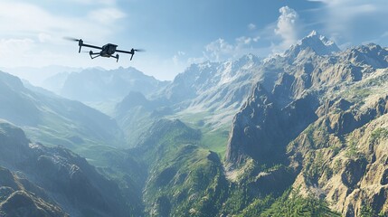 Fototapeta premium A black drone flies over a mountain range on a sunny day.