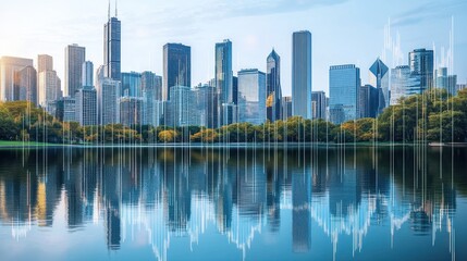 Cityscape with Reflections and Sound Waves