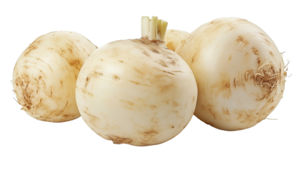 Four fresh rutabagas with earthy textures are isolated on white background, showcasing their natural appearance and organic roots