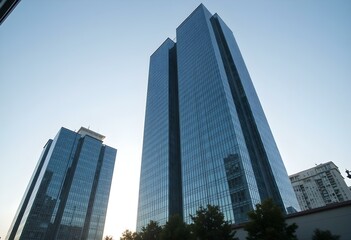 Obraz premium Modern office building in the city, tall skyscraper with glass facade and abstract architecture. Business and commercial center, finance and corporate design. Vertical view, urban