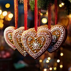 Handcrafted heart-shaped gingerbread cookies decorated with icing, hanging as Christmas decor