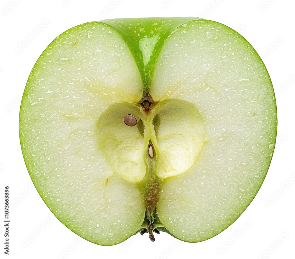 Poster fresh green apple half with visible seeds and droplets on white background