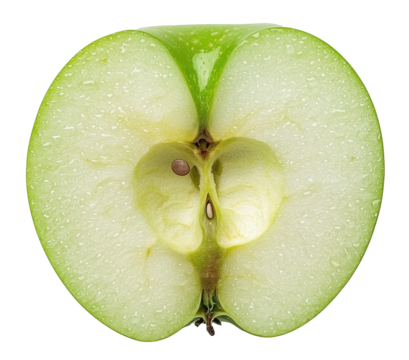 fresh green apple half with visible seeds and droplets on white background