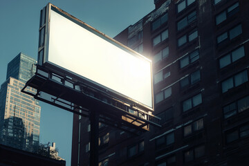 Empty billboard on a city street, low angle shot, sunlight illuminating the building in the background, minimalistic scene.