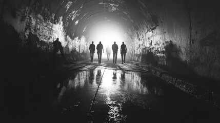 A group of people walking through a tunnel. The tunnel is dark and the people are silhouetted against the light