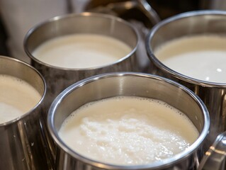 Close-Up Stainless Steel Milk Jugs Filled with White Milk