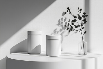 Product packaging with blank white labels on a clean studio background, soft shadows, simple and minimal design.