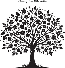 cherry blossom tree silhouette illustration. A graceful cherry tree silhouette, its branches softly outlined against a glowing, pastel sky.