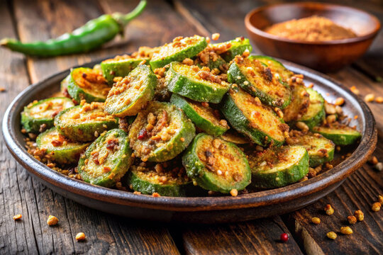 Crispy fried pointed gourd with spices on rustic plate, food photography.