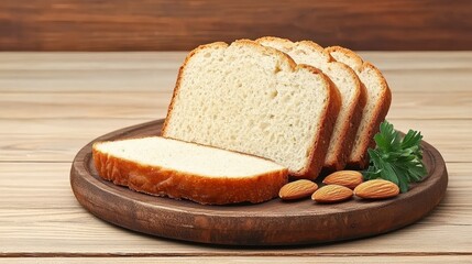Sliced Fresh Bread on Wooden Plate with Almonds and Parsley Garnish, Perfect for Cooking, Snack Ideas, and Food Presentation in Culinary Photography