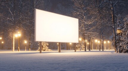 Obraz premium Winter Wonderland Blank Billboard in Snowy Park â€“ Ideal for Christmas Promotions with Lantern Illumination | Cozy Holiday Advertisement Space
