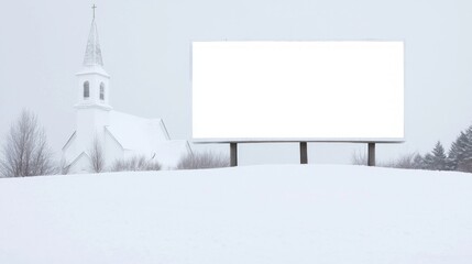 Winter Wonderland Billboard in Front of Charming Church Steeple Covered in Snow - Ideal for Holiday Greetings and Seasonal Advertising