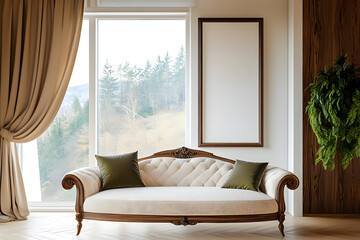 Fototapeta premium Stylish home living room interior with sofa and window. Mockup frame