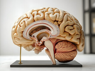 Anatomical model of the human brain highlighting its internal structures. Powered by AI
