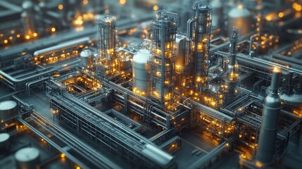 Obraz premium Industrial complex with illuminated structures and pipelines.