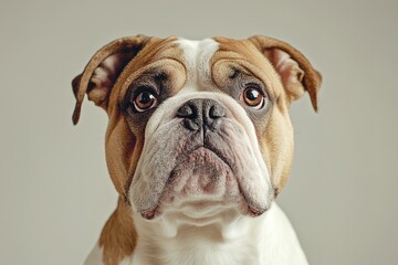 Close-up portrait of an expressive bulldog with a backdrop