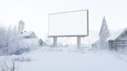 Festive Marketing Opportunity in Snowy Village - Empty White Billboard with Cozy Houses and Smoke Rising