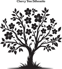 cherry blossom tree silhouette illustration. A graceful cherry tree silhouette, its branches softly outlined against a glowing, pastel sky.