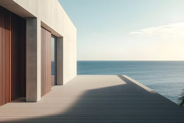 Modern minimalist architecture featuring a coastal view with natural light and wood accents