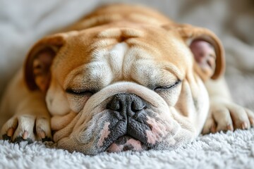 Sleeping bulldog on cozy blanket.