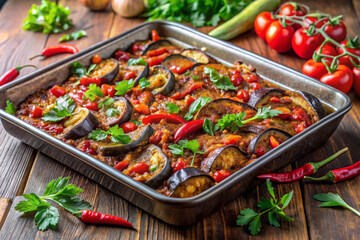 Spicy eggplant chili traybake with herbs, colorful appetizing dish