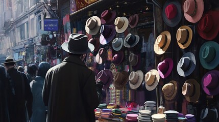 A man in a fedora looks at a hat shop with a variety of colorful hats displayed on the wall.