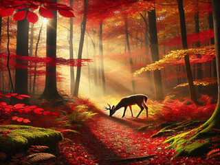 Realistic Autumn Forest Trail with Sunlit Foliage and Grazing Deer
