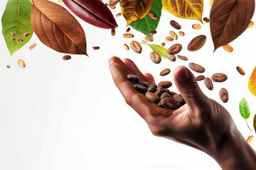 Obraz premium A surreal hand surrounded by cocoa beans, leaves, and a hummingbird set against a white background