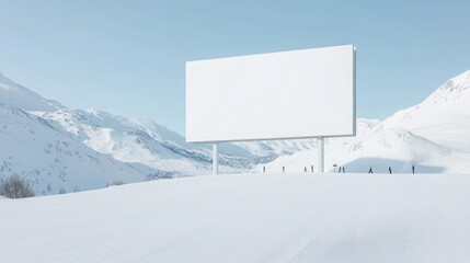 Majestic Adventure Awaits - Blank White Billboard Against Snowy Mountains with Skiers in Distance for Holiday Marketing